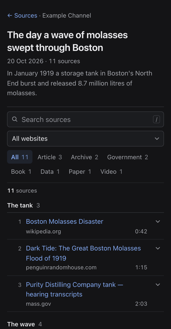 Compact template — video page on a phone, dark mode