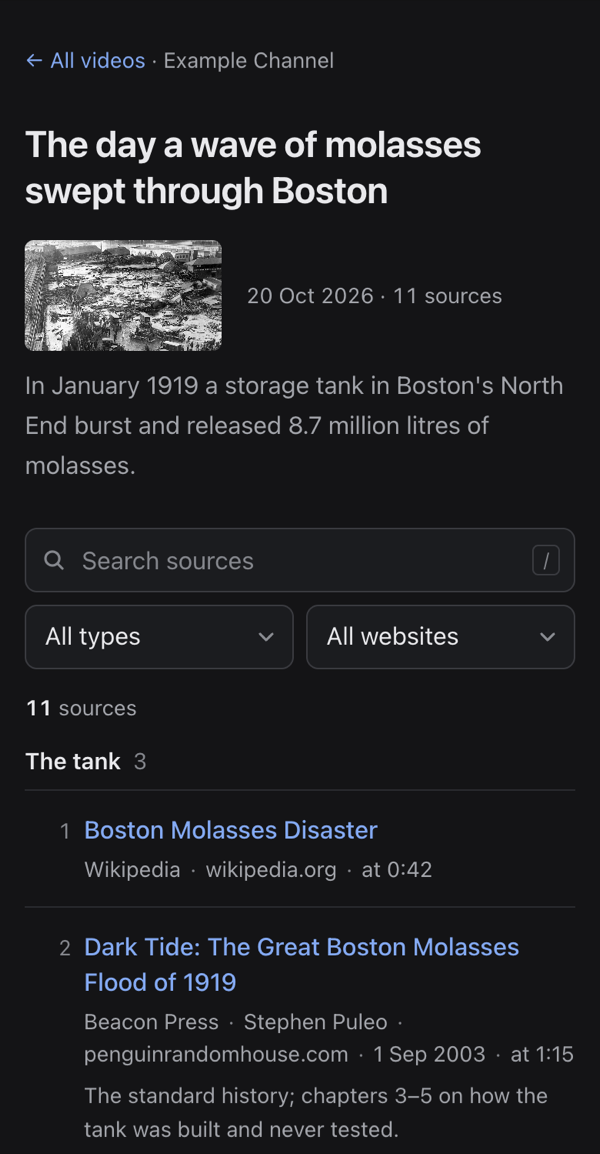Plain template — video page on a phone, dark mode