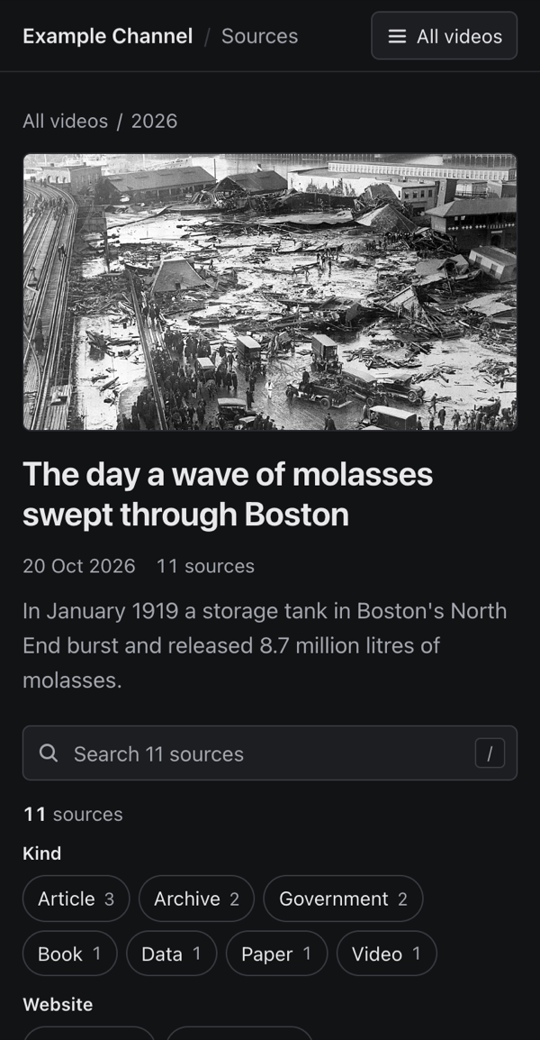 Sidebar template — video page on a phone, dark mode