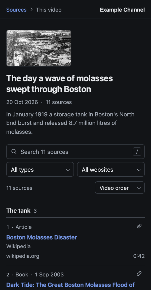 Table template — video page on a phone, dark mode